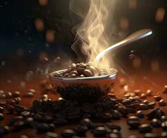 Steaming roasted coffee beans in a spoon on a black background. Created with Generative AI technology. photo