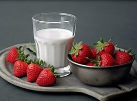 Healthy Organic Drinkable Yogurt Kefir in a Glass. Close-up shot on a full glass of white Kefir enriched with some mint leaves. Created with Generative AI technology. photo