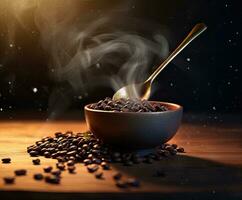 Steaming roasted coffee beans in a spoon on a black background. Created with Generative AI technology. photo