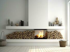 Wicker baskets with firewood and white fireplace in cozy living room. Created with Generative AI technology. photo