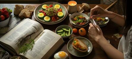 young female planning menu to eat ketogenic diet during weight loss program. Created with Generative AI technology. photo