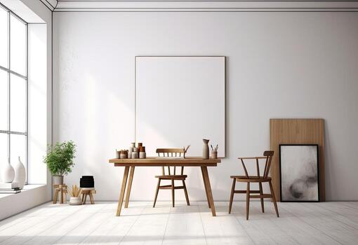 Modern loft living room with high ceiling, empty brick wall, concrete floor, wooden cabinet, design accessories in the steel stack, dining table with chairs. Created with Generative AI technology. photo