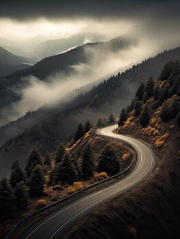Dark misty day with empty Winding mountain road. Created with Generative AI technology. photo
