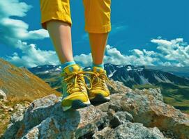 Woman athlete is jumping over stones in mountains. Created with Generative AI technology. photo