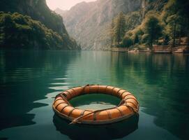 Beautiful view of traditional wooden rowing boat on scenic Lago di Braies in the Dolomites in scenic morning light at sunrise. Created with Generative AI technology. photo