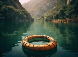 hermosa ver de tradicional de madera remo barco en escénico lago di braies en el dolomitas en escénico Mañana ligero a amanecer. creado con generativo ai tecnología. foto