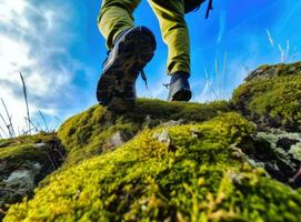 Woman athlete is jumping over stones in mountains. Created with Generative AI technology. photo