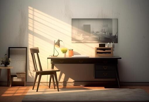 Modern loft living room with high ceiling, empty brick wall, concrete floor, wooden cabinet, design accessories in the steel stack, dining table with chairs. Created with Generative AI technology. photo