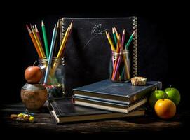 Glasses teacher books and a stand with pencils on the table, on the background of a blackboard with chalk. The concept of the teacher's day. Copy space. Created with Generative AI technology. photo