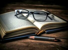 Glasses teacher books and a stand with pencils on the table, on the background of a blackboard with chalk. The concept of the teacher's day. Copy space. Created with Generative AI technology. photo