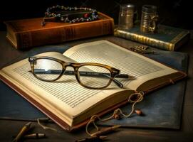 Glasses teacher books and a stand with pencils on the table, on the background of a blackboard with chalk. The concept of the teacher's day. Copy space. Created with Generative AI technology. photo