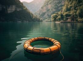 Beautiful view of traditional wooden rowing boat on scenic Lago di Braies in the Dolomites in scenic morning light at sunrise. Created with Generative AI technology. photo