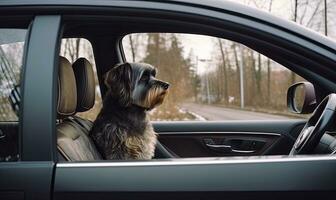 Dog enjoying from traveling by car. Nova Scotia Duck Tolling Retriever looking through window on road. Created with Generative AI technology. photo