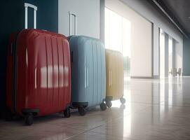 Closeup Shot Of Two Plastic Suitcases Standing At Empty Airport Corridor, Stylish Luggage Bags Waiting At Terminal Hall,  Vacation Booking Concept Created with Generative AI technology. photo