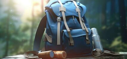 Backpack, thermos and travel mug in forest. Hiking equipment on footpath in woodland.  Backpack of traveller, thermos coffee or tea on bank. Created with Generative AI technology. photo