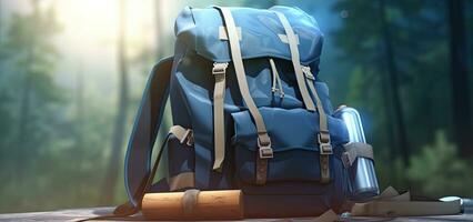 Backpack, thermos and travel mug in forest. Hiking equipment on footpath in woodland.  Backpack of traveller, thermos coffee or tea on bank. Created with Generative AI technology. photo