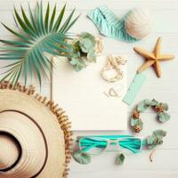 Top view of beach summer accessories with copy space. Lay flat holiday fashion background on white wooden table . Horizontal frame for spa or wellness concept. Created with Generative AI technology. photo