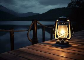 Old kerosene lantern with warm yellow light on a bridge by a lake in the evening. Burning lantern on a stone in the moonlight. The light of the sun reflecting Created with Generative AI technology. photo