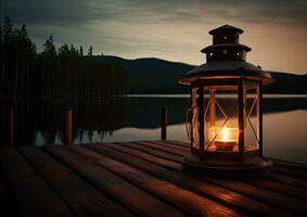 Old kerosene lantern with warm yellow light on a bridge by a lake in the evening. Burning lantern on a stone in the moonlight. The light of the sun reflecting Created with Generative AI technology. photo