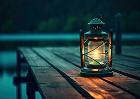 Old kerosene lantern with warm yellow light on a bridge by a lake in the evening. Burning lantern on a stone in the moonlight. The light of the sun reflecting Created with Generative AI technology. photo