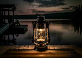 Old kerosene lantern with warm yellow light on a bridge by a lake in the evening. Burning lantern on a stone in the moonlight. The light of the sun reflecting Created with Generative AI technology. photo