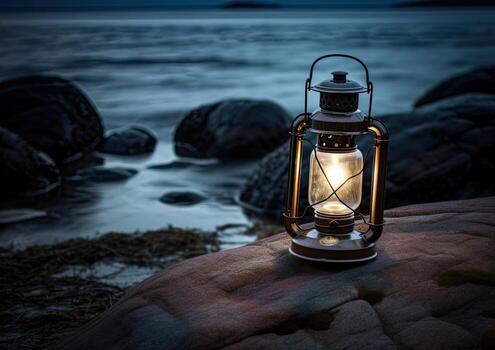 antiguo queroseno linterna con calentar amarillo ligero en un puente por un lago en el noche. el ligero de el Dom reflejando el agua mediante el lámpara. creado con generativo ai tecnología. foto