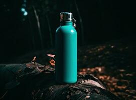 Thermos and aluminum hot drink mug with rising steam outdoors. Camping vacuum flask and iron cup standing on tree stump in rainy, cold weather. Created with Generative AI technology. photo