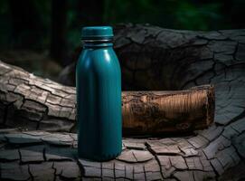 Thermos and aluminum hot drink mug with rising steam outdoors. Camping vacuum flask and iron cup standing on tree stump in rainy, cold weather. Created with Generative AI technology. photo