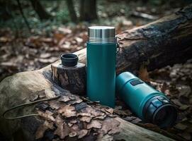 Thermos and aluminum hot drink mug with rising steam outdoors. Camping vacuum flask and iron cup standing on tree stump in rainy, cold weather. Created with Generative AI technology. photo