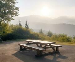 Travel and camping at natural park.  lifestyle on holiday. Good morning and fresh start of the day. Clean camping site in top of the mountain at the sunset. Created with Generative AI technology. photo