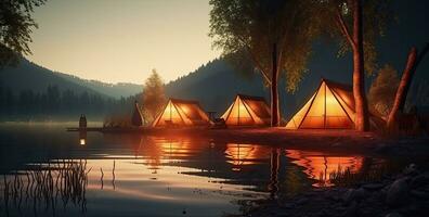 tourist lit tent by the lake at sunset. Dramatic sky. Orange lit inside the tent and a fire over the misty river at sunset. Dramatic sunset. Summer landscape. Created with Generative AI technology. photo