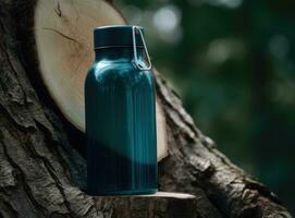 Thermos and aluminum hot drink mug with rising steam outdoors. Camping vacuum flask and iron cup standing on tree stump in rainy, cold weather. Created with Generative AI technology. photo