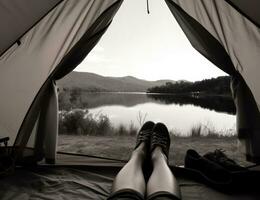 Shoes, camping and tent with a couple by a lake out in nature while hiking for adventure or travel together. Created with Generative AI technology. photo