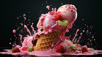 Ice cream with cone and swirl splash, generated by AI photo