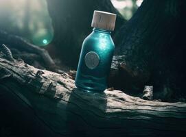 Thermos and aluminum hot drink mug with rising steam outdoors. Camping vacuum flask and iron cup standing on tree stump in rainy, cold weather. Created with Generative AI technology. photo