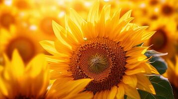 Close-up of a sunflower in a sunflower field, generated by AI photo