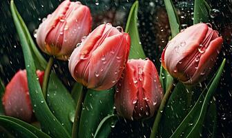 Pink tulips with drops water wallpaper. Beautiful flower background. For banner, postcard, illustration. Created with generative AI tools photo