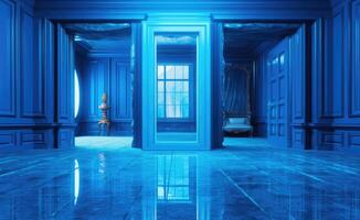 Blue interior of the room. Room a spacious room with a doorway. For banner, postcard, book illustration.Created with generative AI tools photo