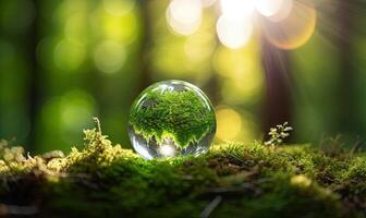 Summer forest with transparent sphere. Natural background for Earth Day. For banner, postcard, book illustration.Created with tools photo