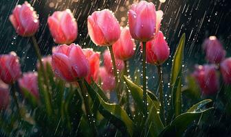 Pink tulips with drops water wallpaper. Beautiful flower background. For banner, postcard, illustration. Created with generative AI tools photo