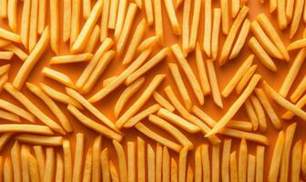 French fries background. Food texture. For banner, postcard, illustration. Created with generative AI tools photo