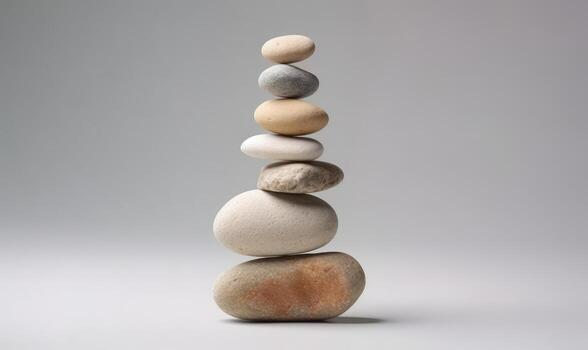 Stones balance. Pebbles pyramid on gray background. For banner, book illustration. Created with generative AI tools photo