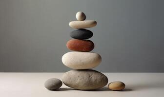 Stones of balance. Pebbles pyramid on gray background. Created with generative AI tools photo