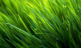 Fresh lush green grass on meadow with drops of water dew. Close-up macro. Generative AI tools photo