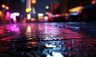 Wet road made of paving stones. Road, light, rain. background. For banner, postcard, illustration Created with generative AI tools photo