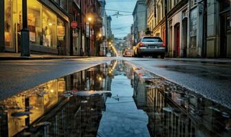 Wet road made of paving stones. Road, light, rain. background. For banner, postcard, illustration Created with generative AI tools photo