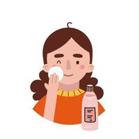 Girl applies toner, face skin care routine, cartoon style character vector