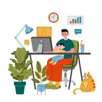 Man freelancer with child, cartoon style. Father holding his infant baby, sitting at desk and working on computer at home. Parenthood and career. Trendy modern vector illustration, flat