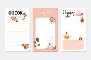 Trendy editable check list, gratefut list and place for happy note. Vector stock illustration, cartoon style. Templates for stories, bullet journal page. Modern backgrounds for notebook.