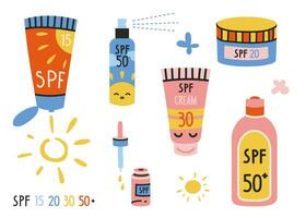 Set with various sunscreen products in different packages, SPF in cartoon style. vector